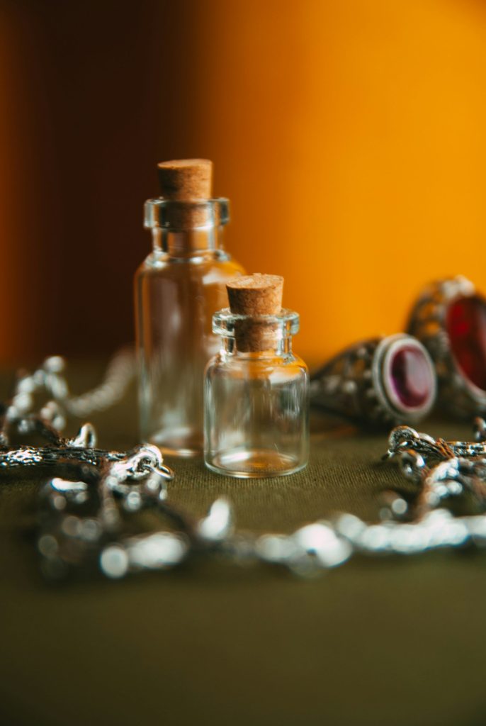 a couple of bottles sitting on top of a table